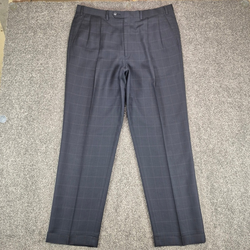 Ralph Lauren Dress Pants Mens 38x32 Navy Blue Windowpane Plaid Pleated Cuffed